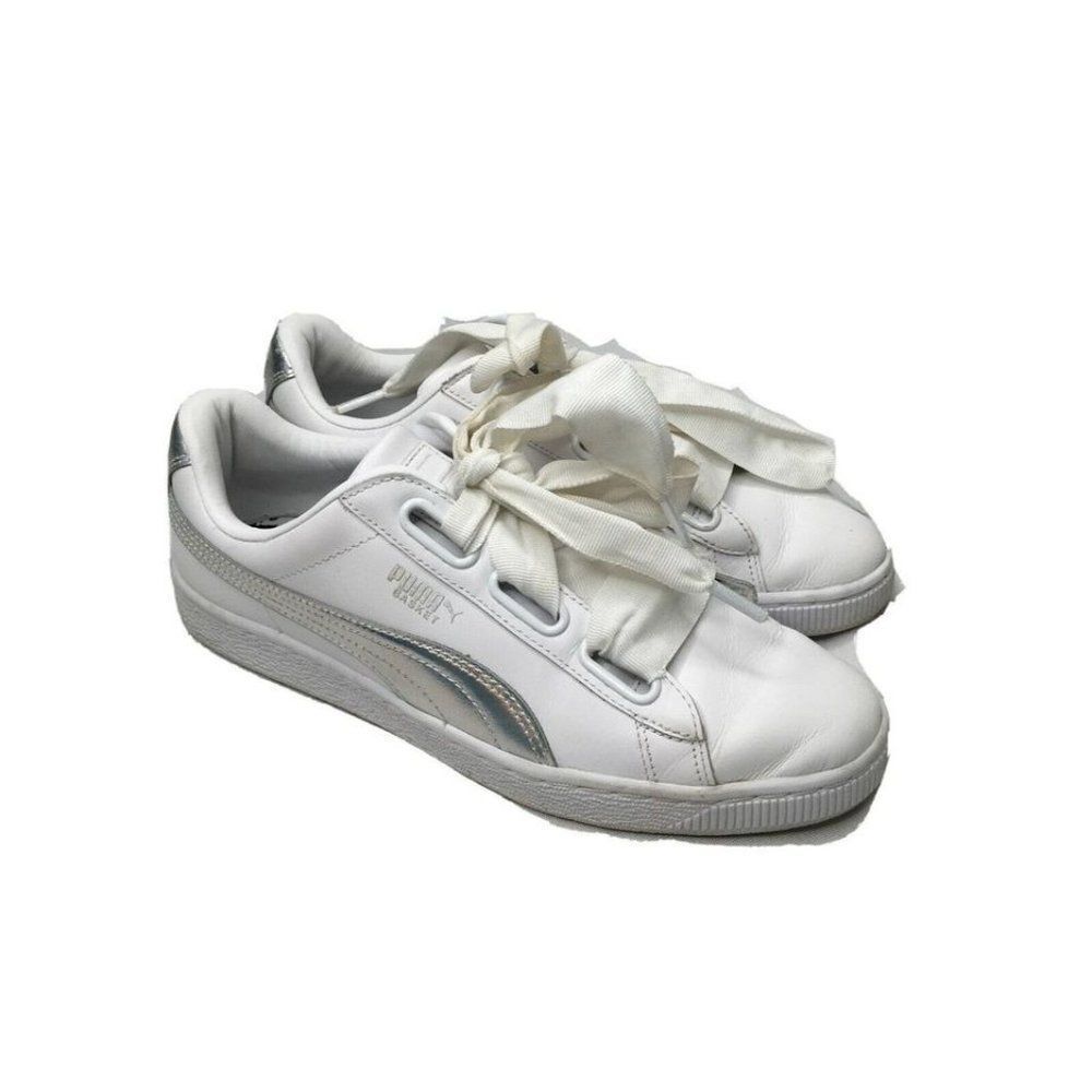 Puma Women's Basket White Silver Ribbon Laces Preo